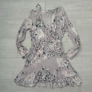 American Rag Floral Printed Ruffle Trim Wrap Dress Gray Mini Floral V-Neck Small